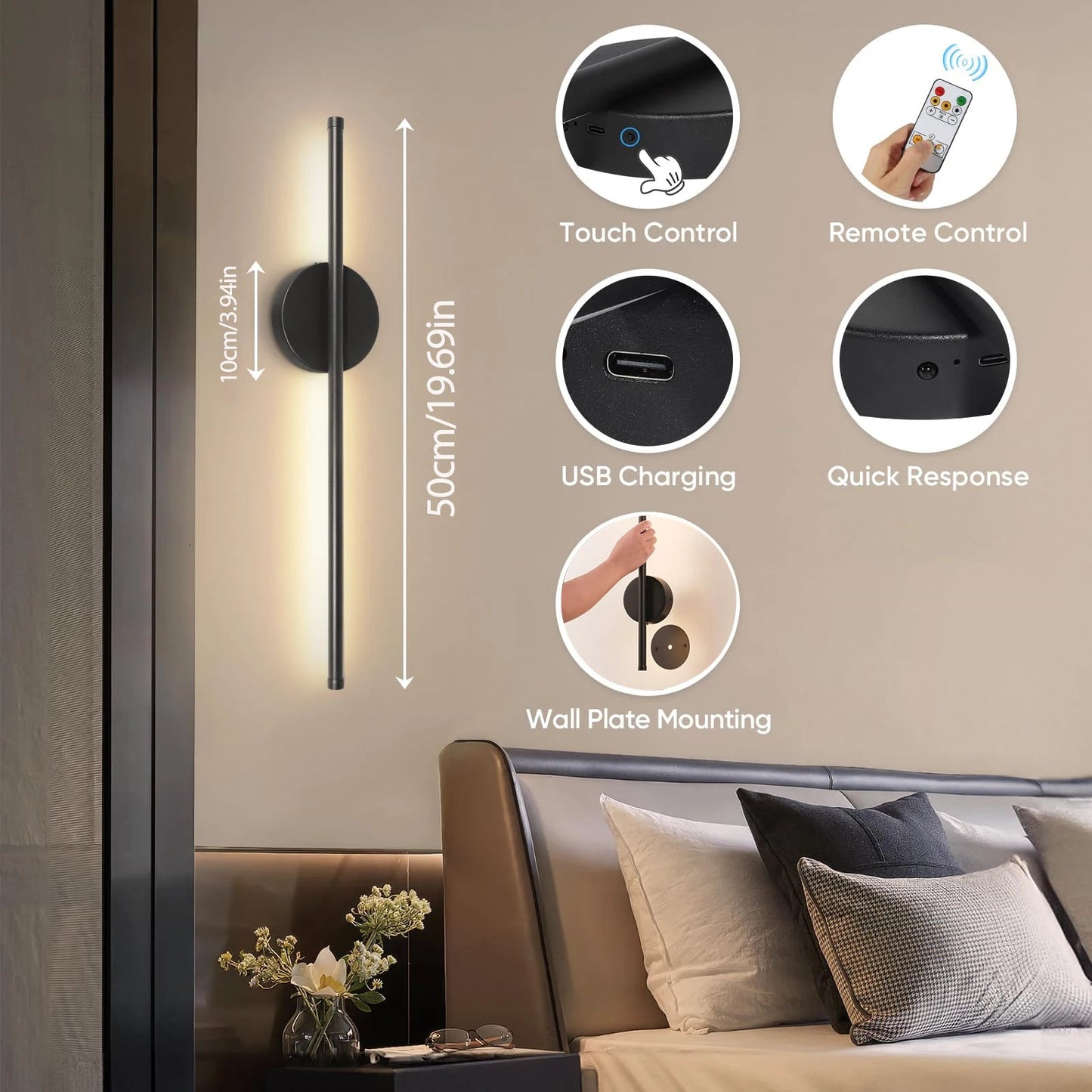 LED Rechargeable Wall Light Installation Free Wall Sconce 1PC 50CM Dimming For Livingroom Sofe Beside Bedroom Wall Decor Lamp MonAspi
